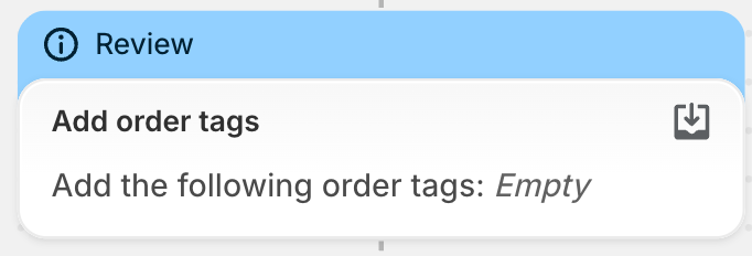 Image of a Shopify Flow 'Add order tags' action step. The step has a blue 'Review' banner displayed, and the step description reads: