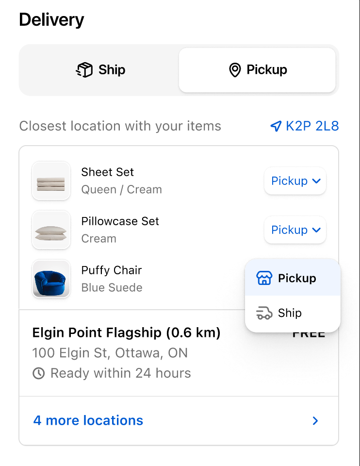 Image of the Delivery section of the Shopify Checkout. The 'Pickup' tab is selected, and beneath it are 3 items: Sheet Set, Pillowcase Set, and Puffy Chair. The Sheet Set and Pillowcase Set selectors are both set to 'Pickup'. The selector for Puffy Chair is open and displaying both 'Pickup' and 'Ship' options, implying that the user might opt to ship the chair instead. The selected location is Elgin Point Flagship, displaying the address and estimated pickup time of 24 hours.