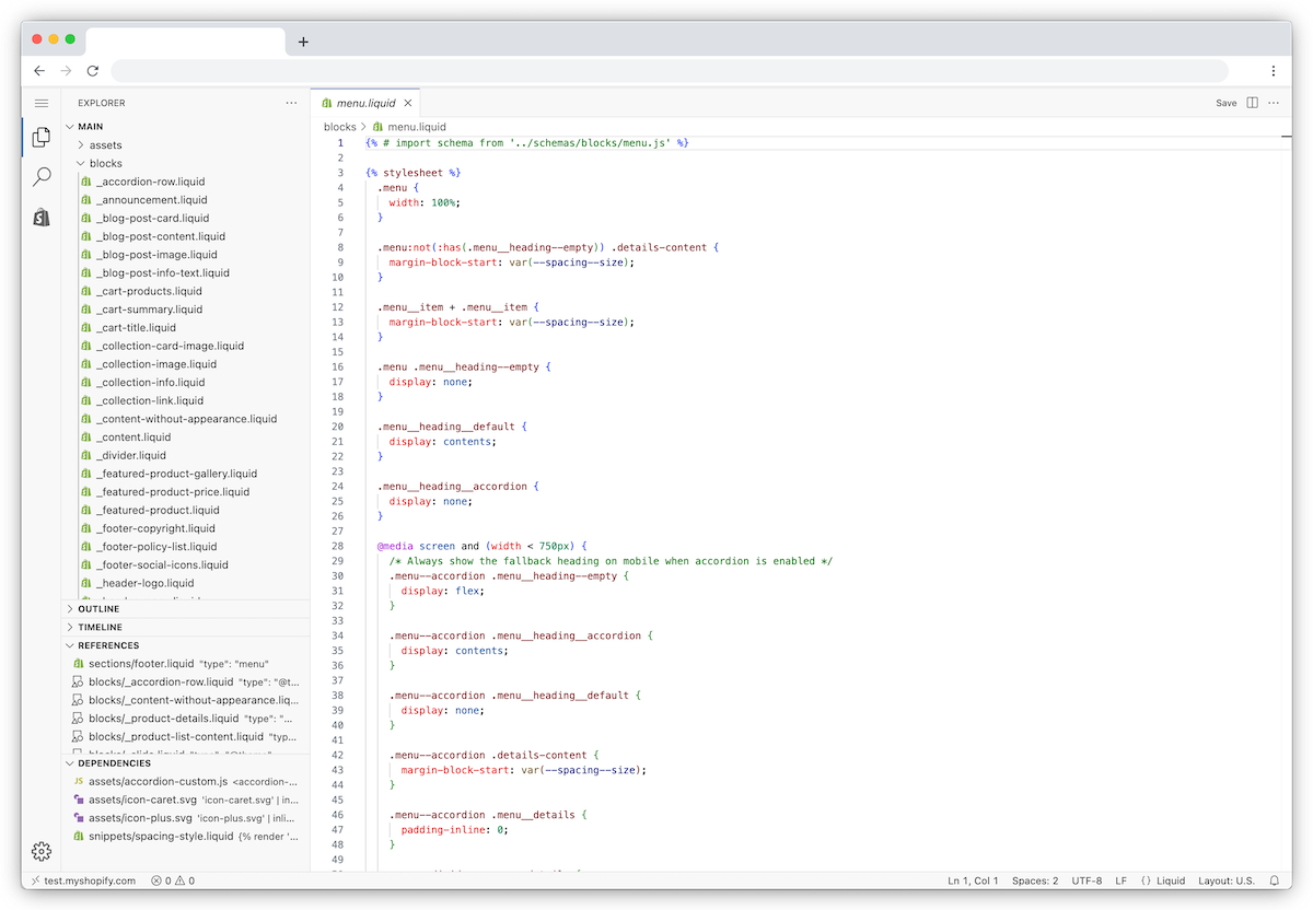 Das Layout des Theme-Code-Editors